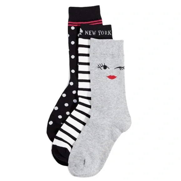 🎊HP 3 Pairs KATE SPADE Gray Black WINK Polka Dot Striped Trouser Crew Socks NIP - Picture 3 of 13